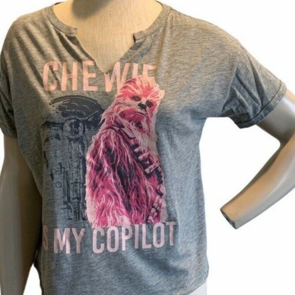 Star Wars Crop Sleep T-Shirt Chewie is My Copilot Women Sz S Gray & Pink #217B - Picture 2 of 6